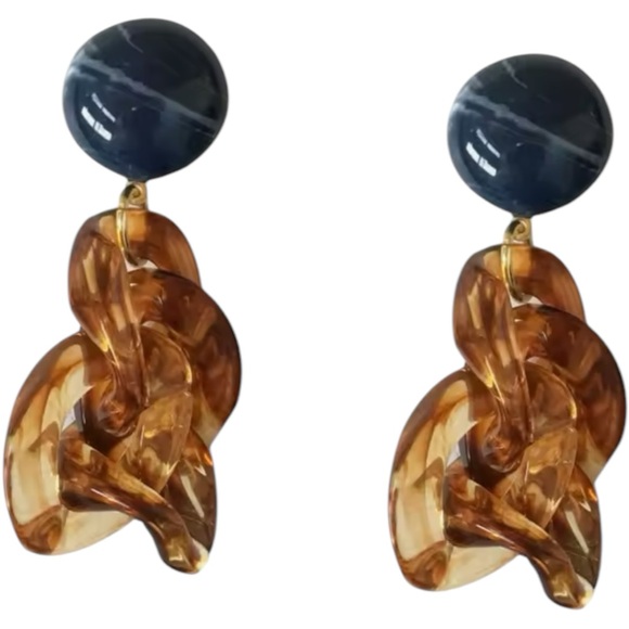 NWT Tan Tortoiseshell & Green Chain Link Chinoiserie Acrylic Drop Earrings - Picture 2 of 9